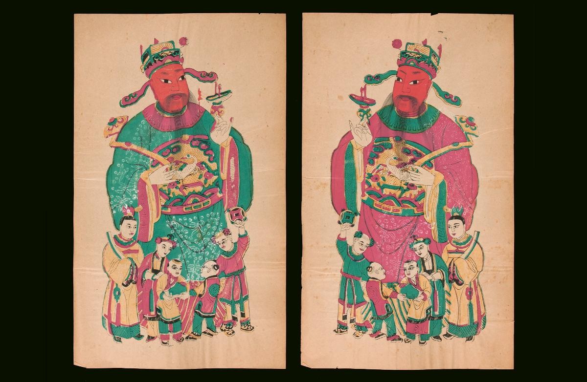 Chinese woodblock prints depicting Heavenly Officials with children