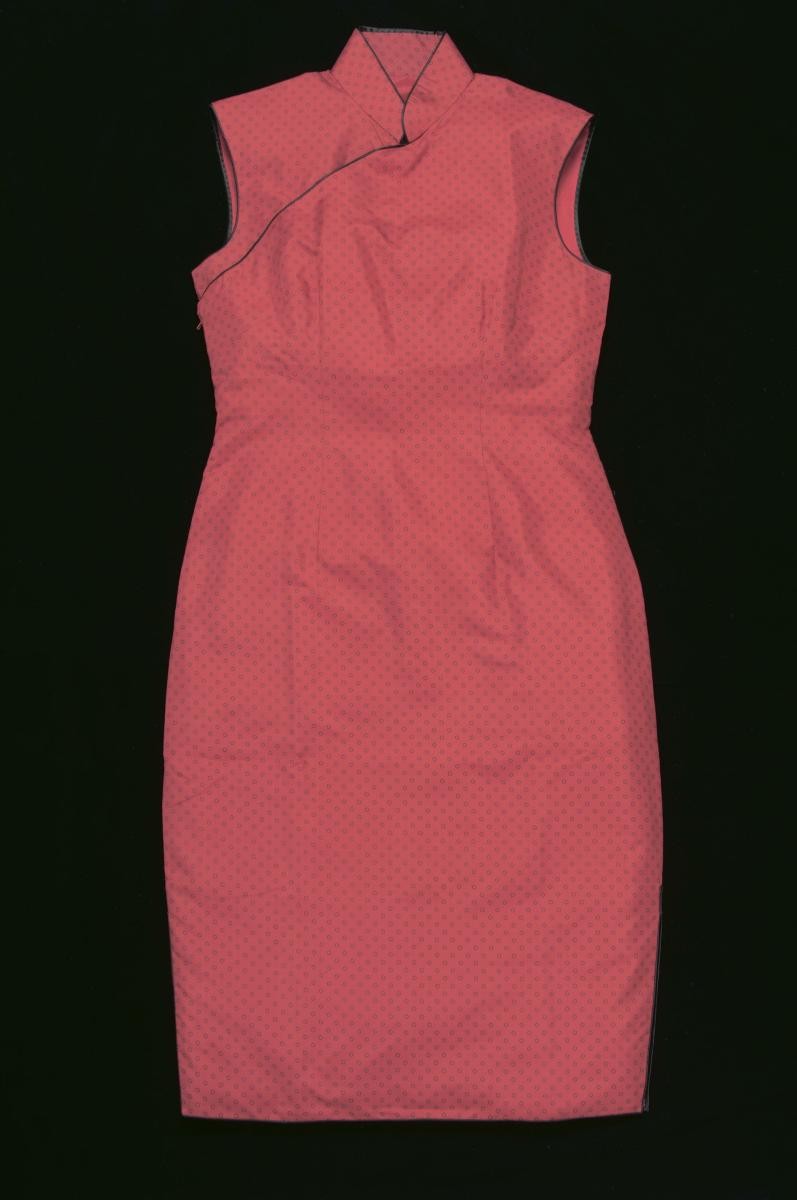 Red satin silk sleeveless cheongsam worn by Kwa Geok Choo for Lee Kuan Yew’s 65th birthday