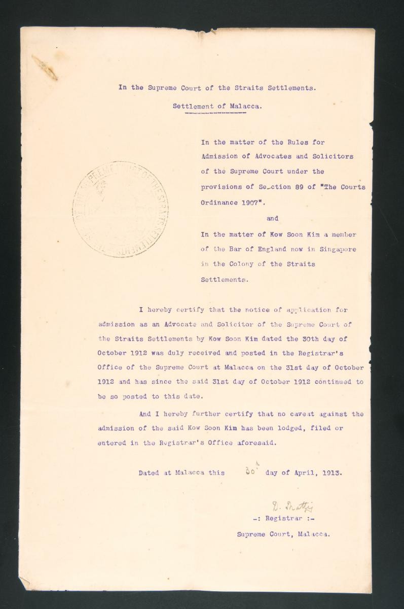 Registrar's certificate of the Supreme Court, Malacca for Kow Soon Kim