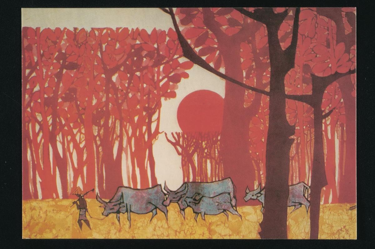 Batik painting by Hu Te Sin depicting a man leading a group of water buffaloes