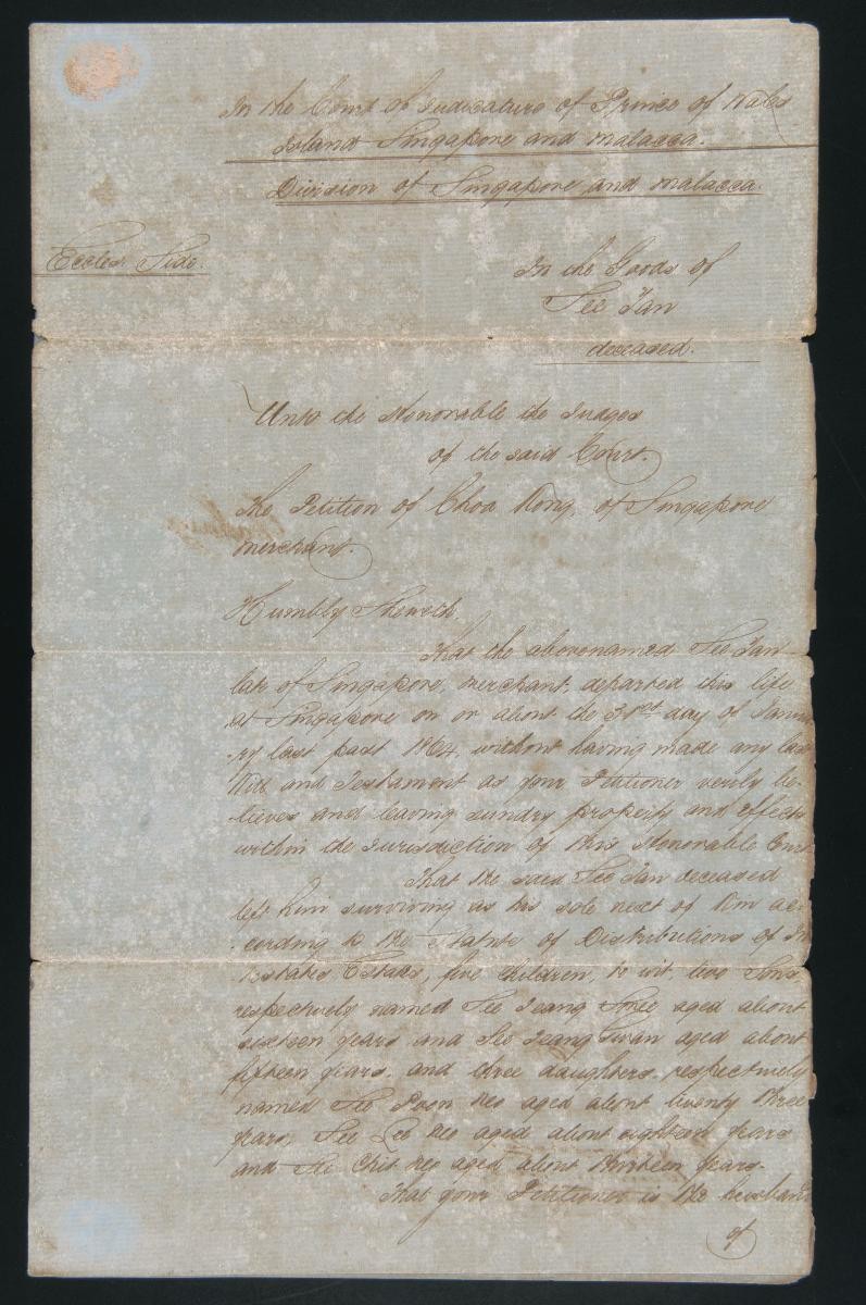 Petition by Choa Kong concerning the estate of See Yam