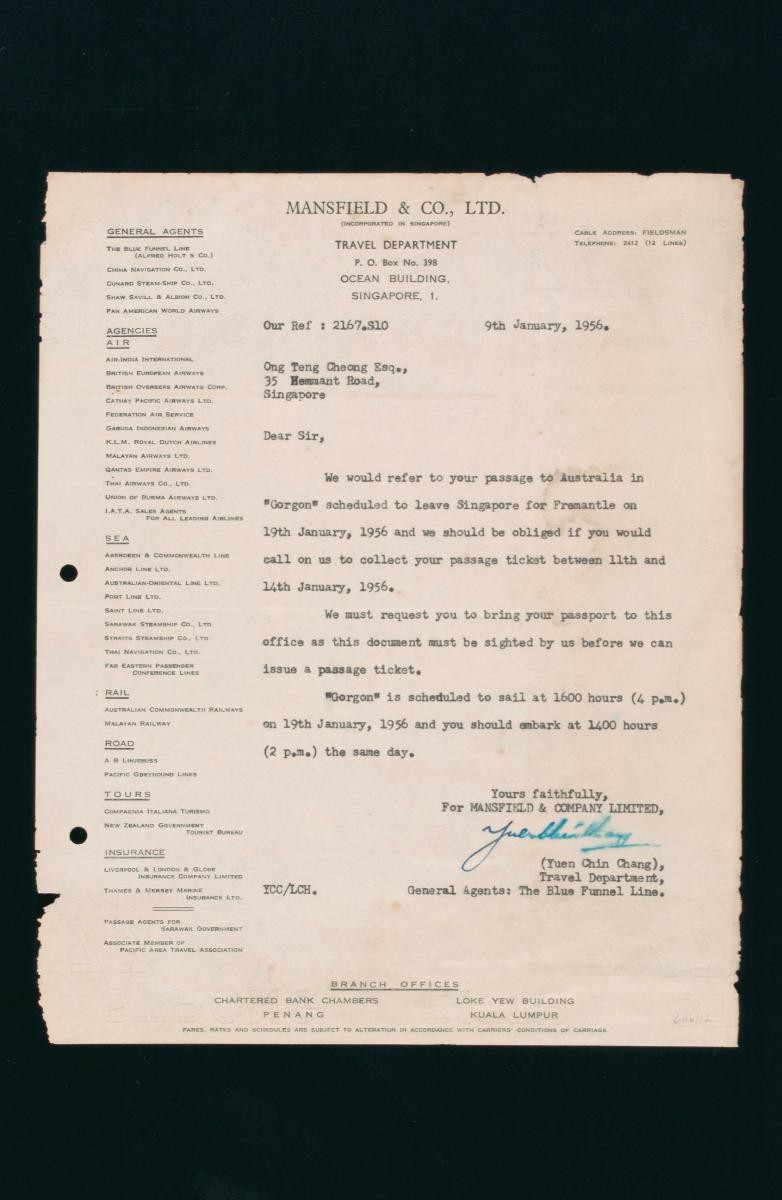 Letter to Mr. Ong Teng Cheong from Mansfield & Company Limited