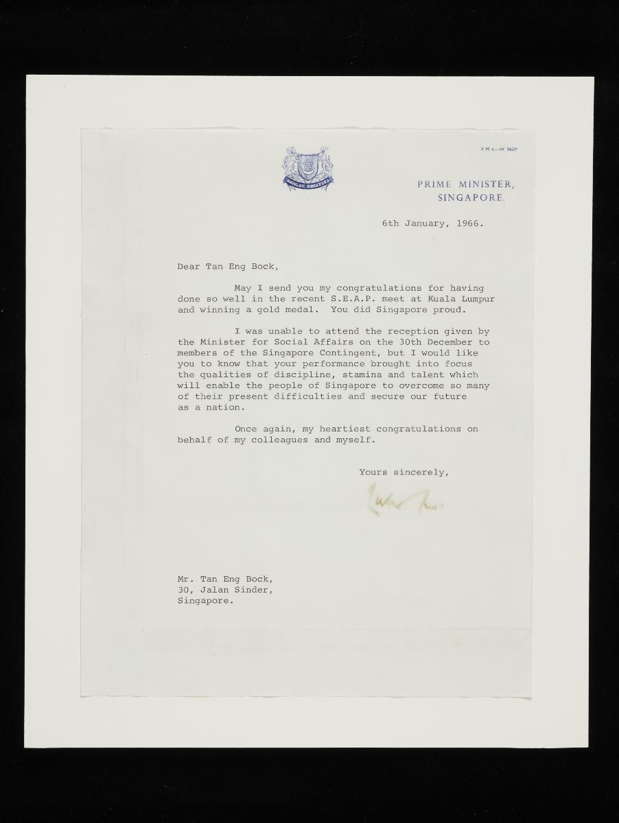 Letter from PM Lee Kuan Yew to Tan Eng Bock