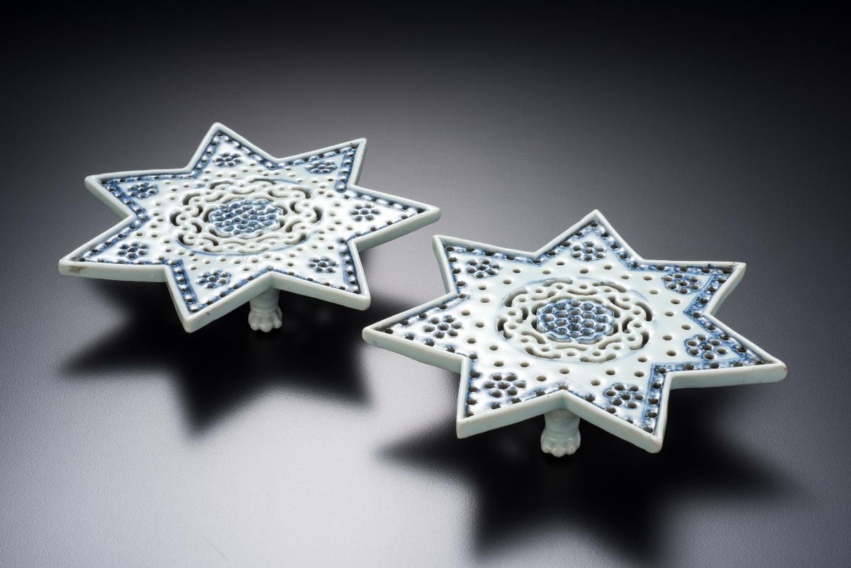 A pair of blue and white stands