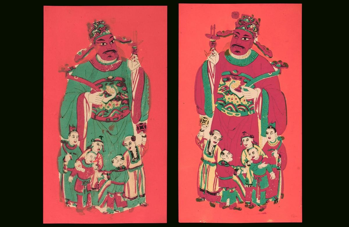 Chinese woodblock prints depicting Heavenly Officials with children