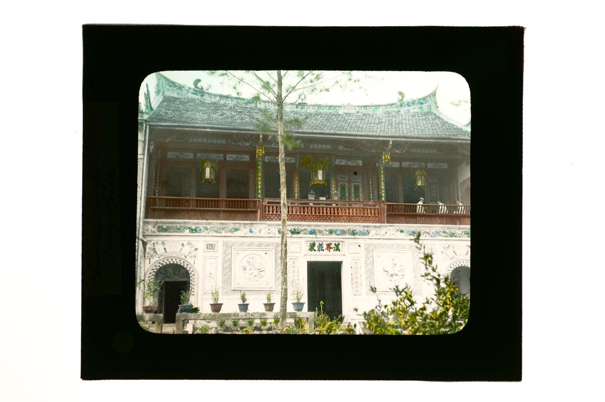 A glass lantern slide depicting a view of Siong Lim Temple