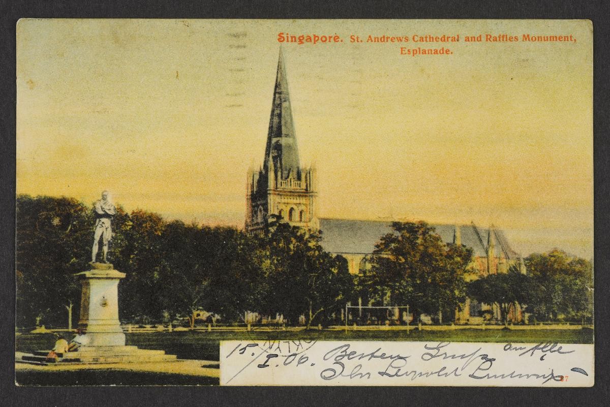 Postcard titled 'St Andrews Cathedral and Raffles' Monument, Esplanade'