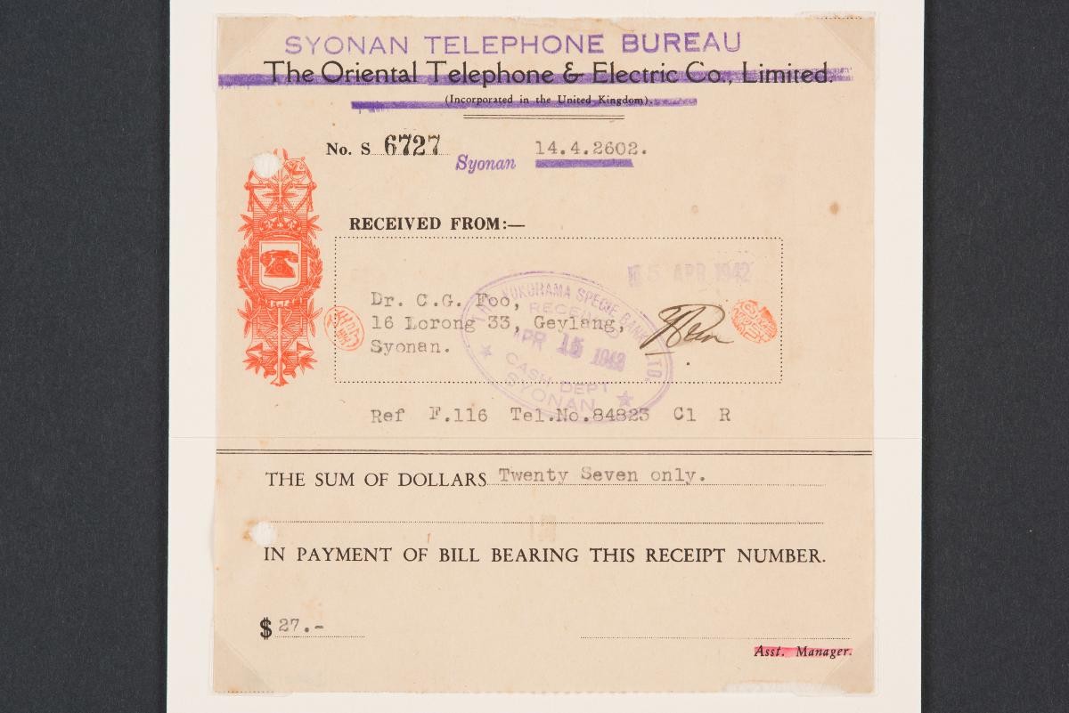 Receipt issued by the Syonan Telephone Bureau