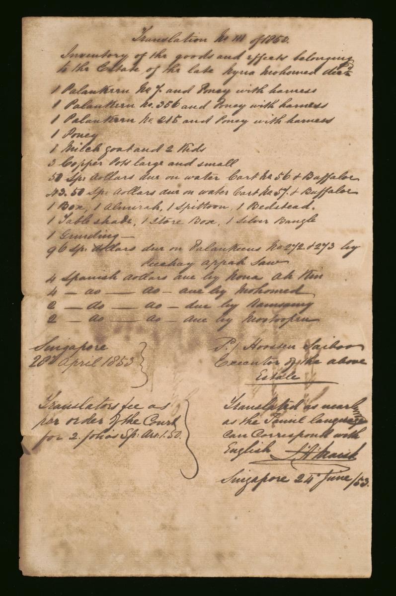 Inventory of the goods and effects belonging to Nyna Mahomed