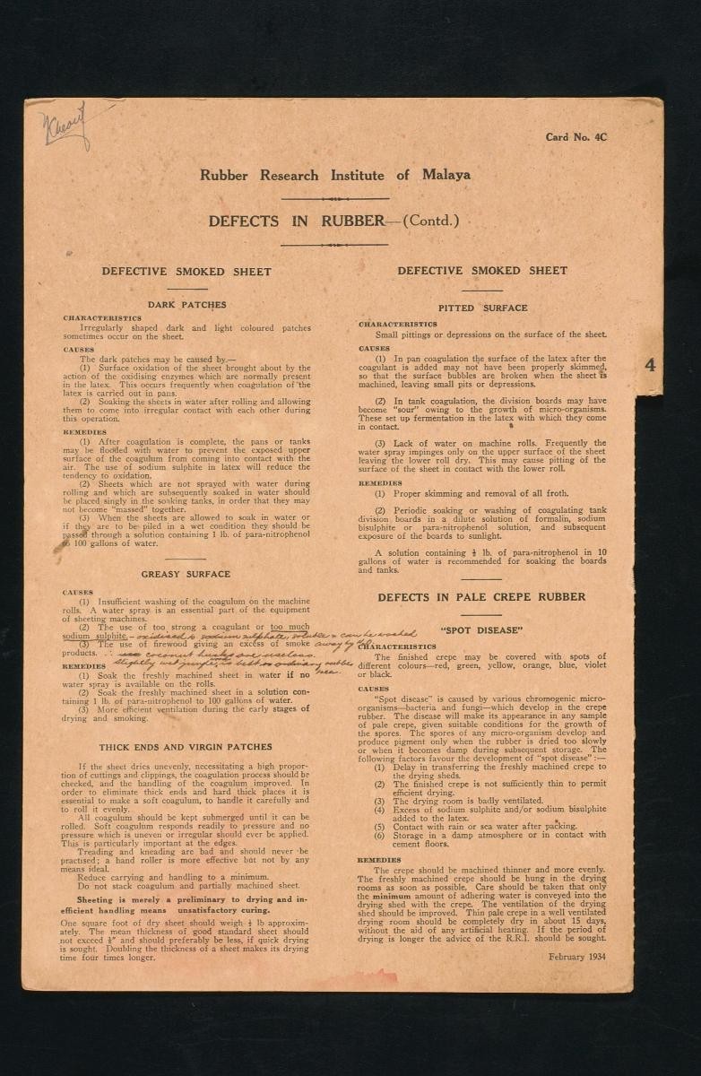 Information card from the Rubber Research Institute of Malaya