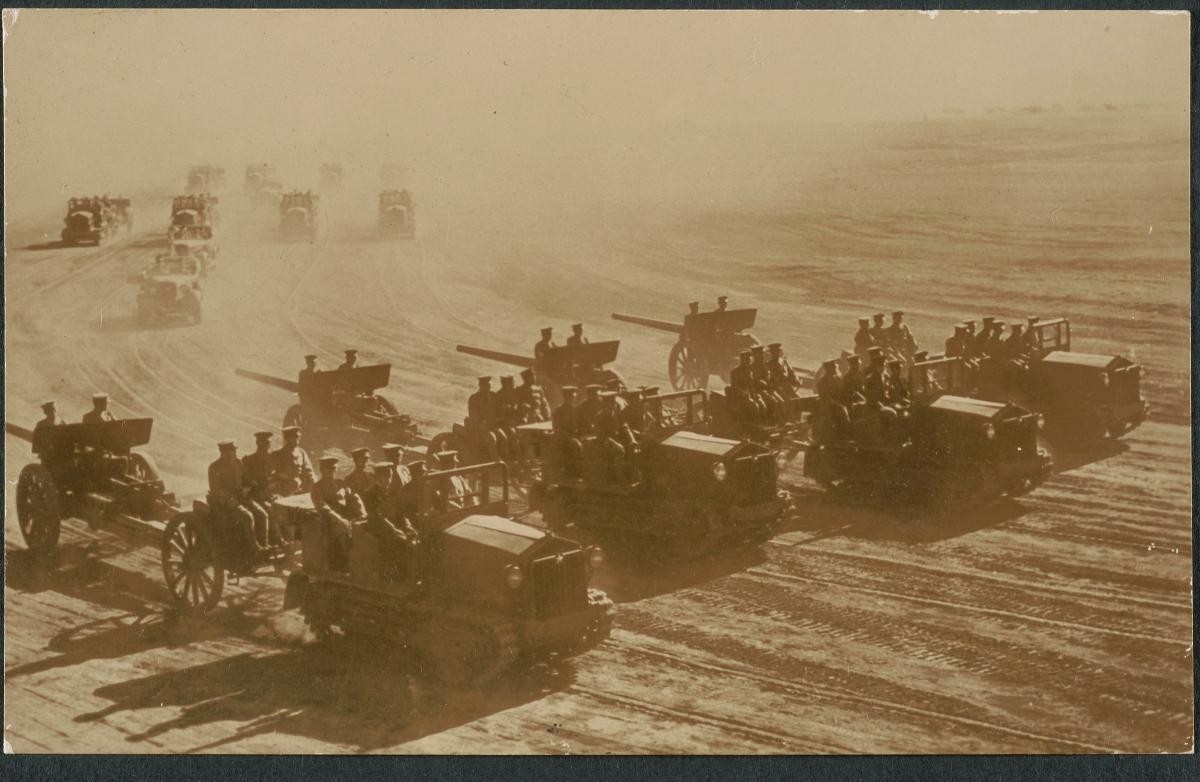 Tracked vehicles, artillery and troops of the Japanese Kwantung Army in Manchuria