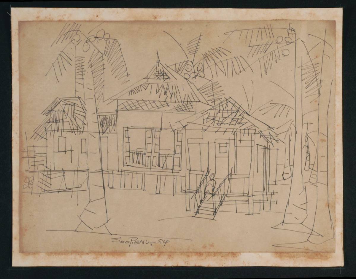 Untitled (Kampong Houses with Figure Sitting in front)