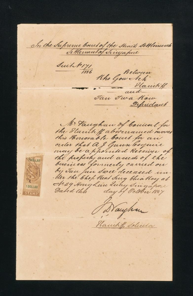 Motion paper filed by J.D. Vaughan concerning the suit between Kho Gow Nek and Tan Twa Kow