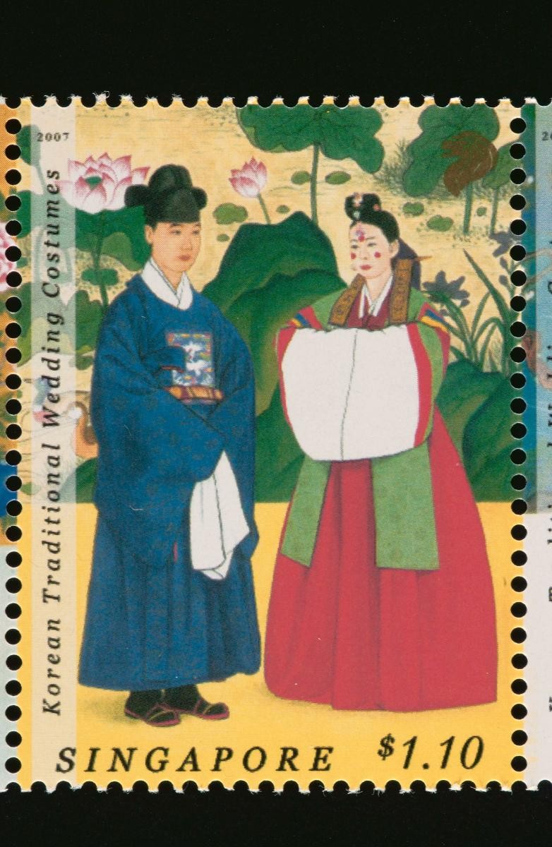 Stamp featuring traditional Korean wedding costumes