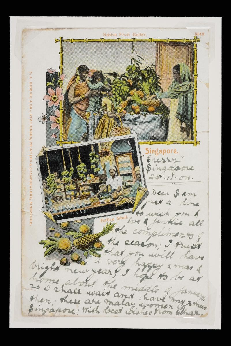 Colored postcard with multiple views of fruit sellers