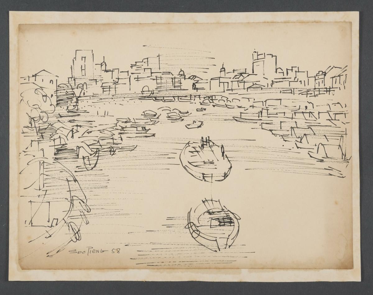 Untitled (Singapore River with Anchored Bumboats on Both Sides)