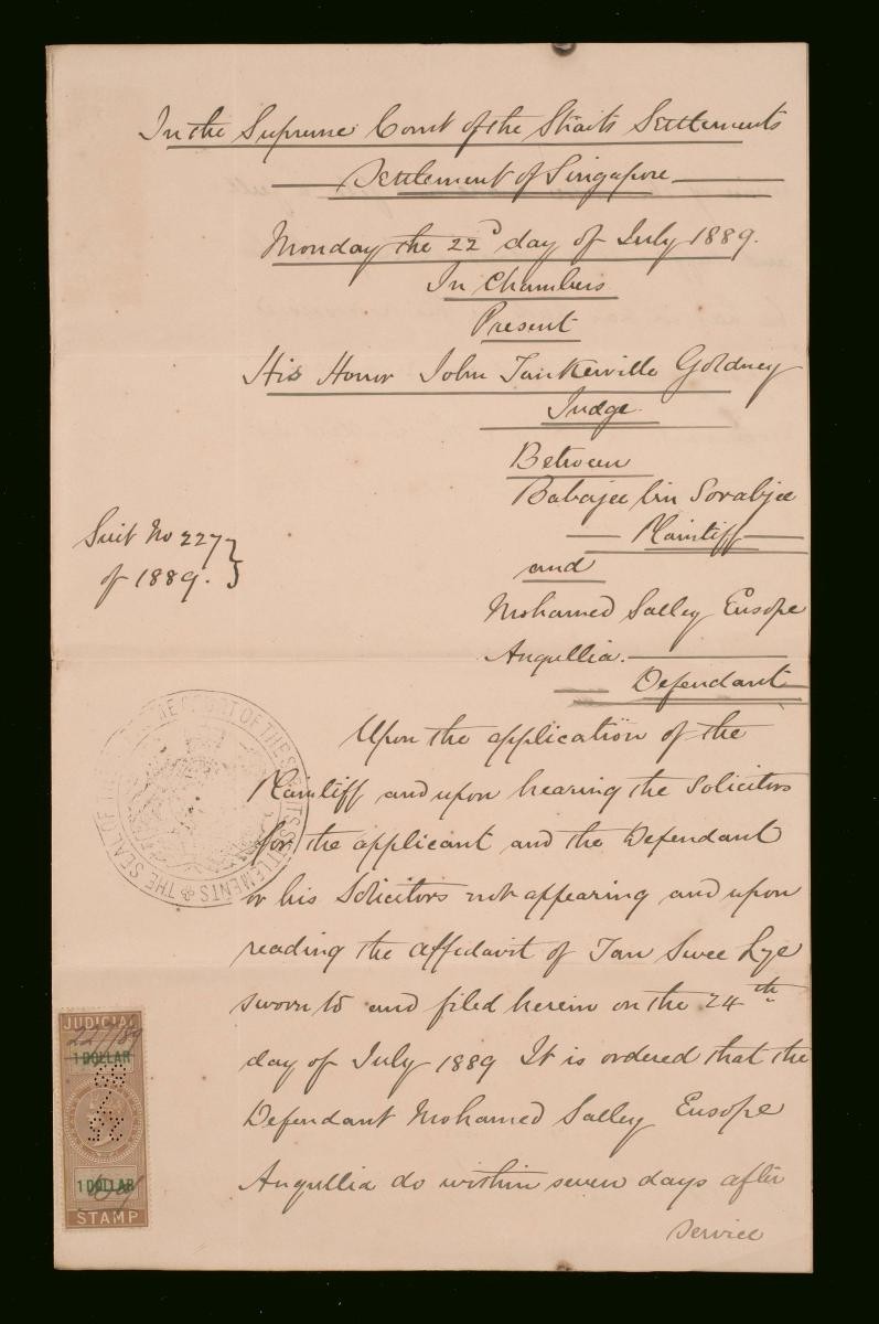 Document concerning the suit between Babaji bin Sorabjee and Mohamed Salley Eusoop Angullia