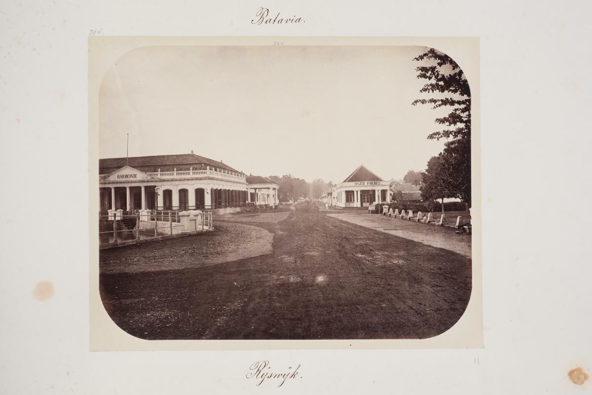 A view of the Harmonie Society clubhouse and the Oger Freres tailor house by Woodbury and Page