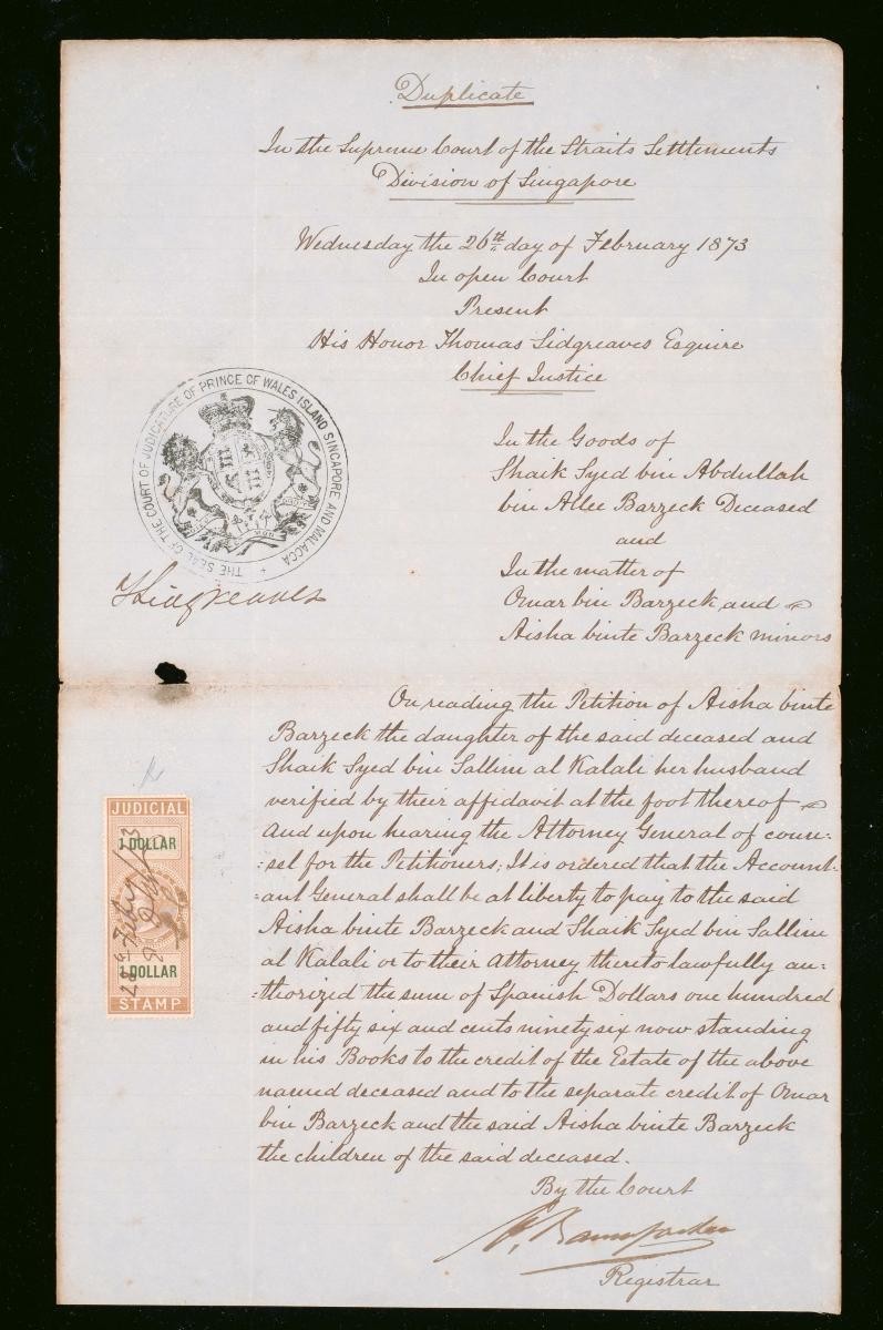 Order of the Supreme Court of the Straits Settlements concerning the estate of Shaik Syed bin Abdullah bin Allee Barreck