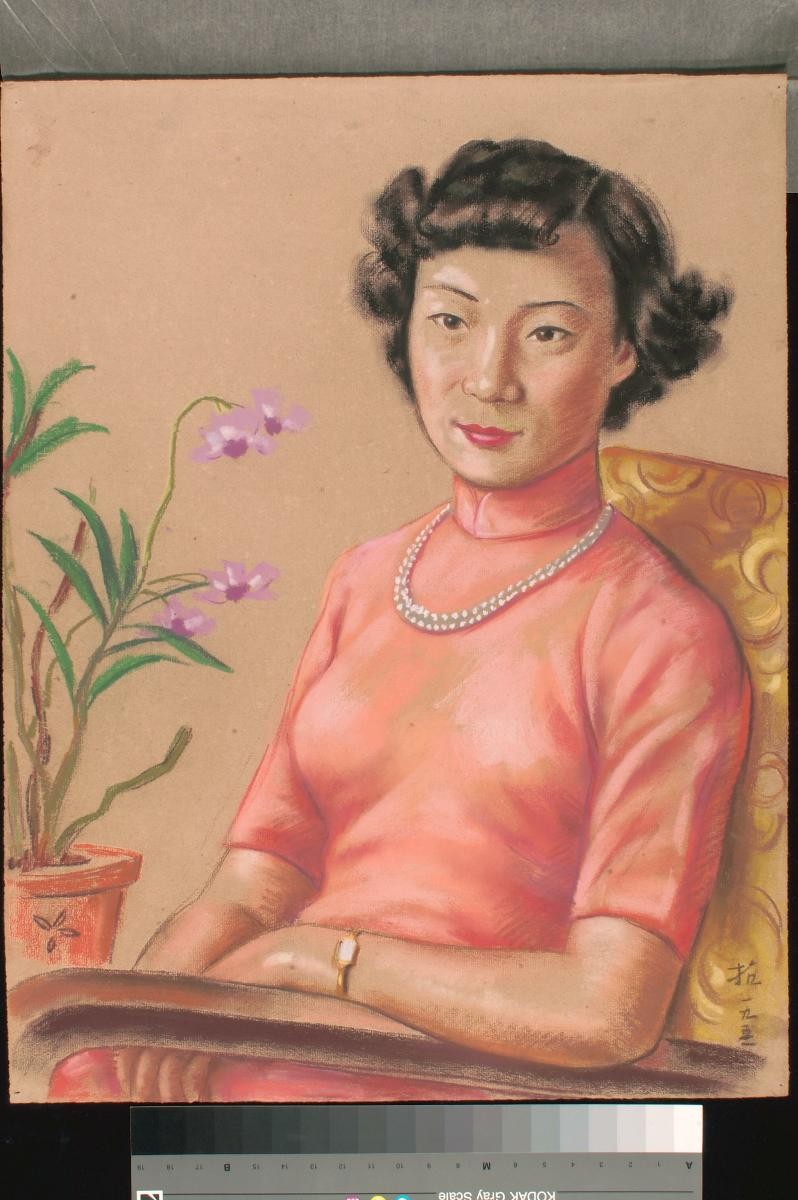 Lady in Red Dress, with Pearl Necklace
