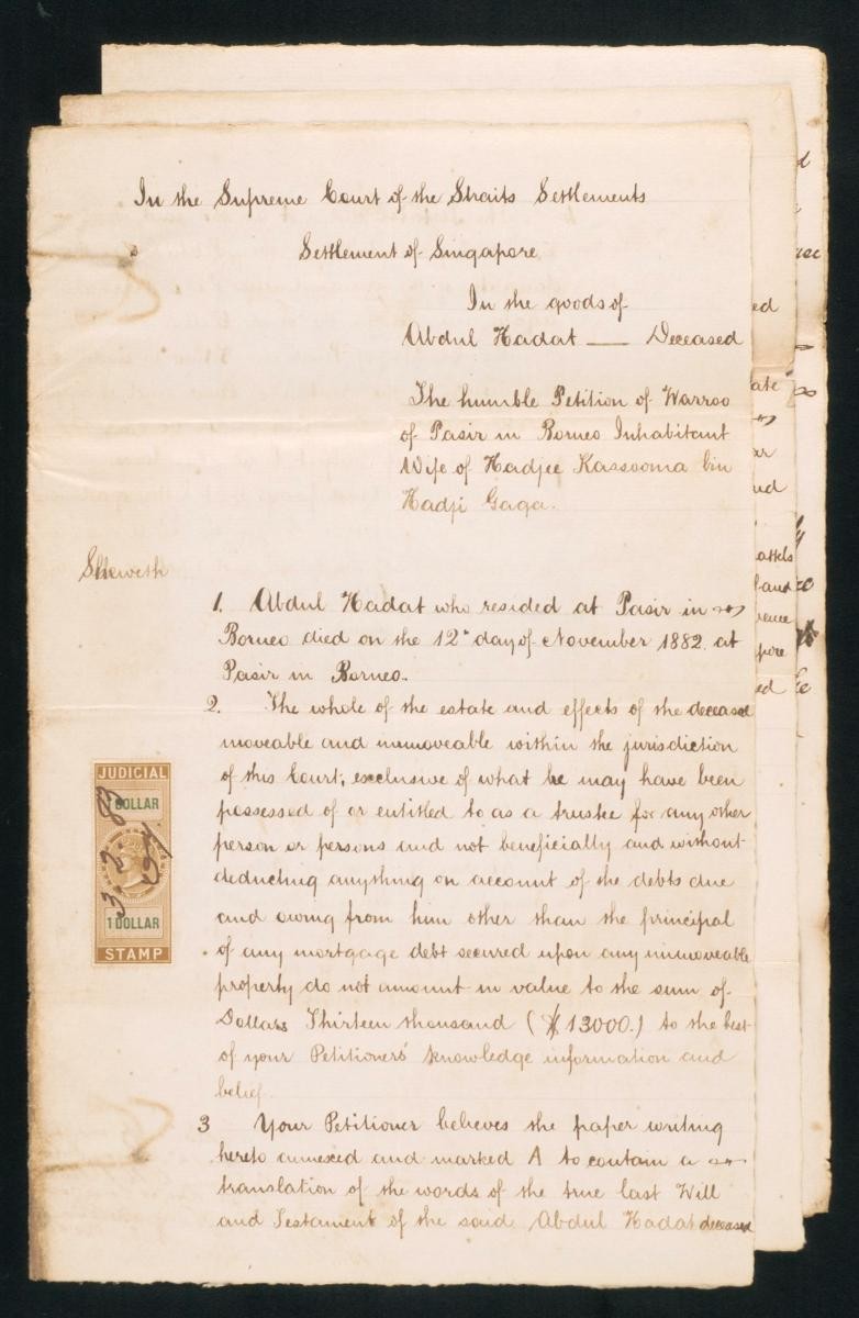 Petition of Warroo of Pasir in Borneo concerning the estate of Abdul Hadat