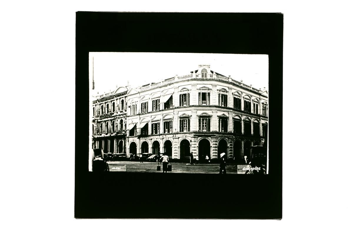 A glass lantern slide depicting the Borneo Company building