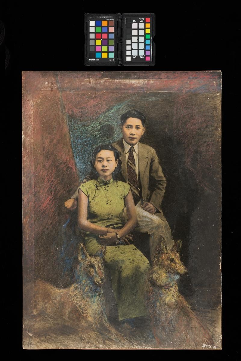 Portrait of a couple with two dogs