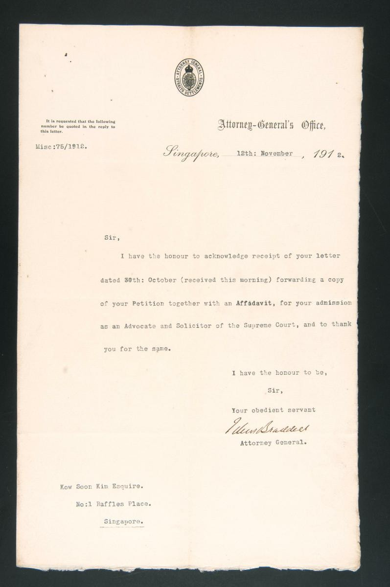 Letter from the Attorney General of the Straits Settlements to Kow Soon Kim
