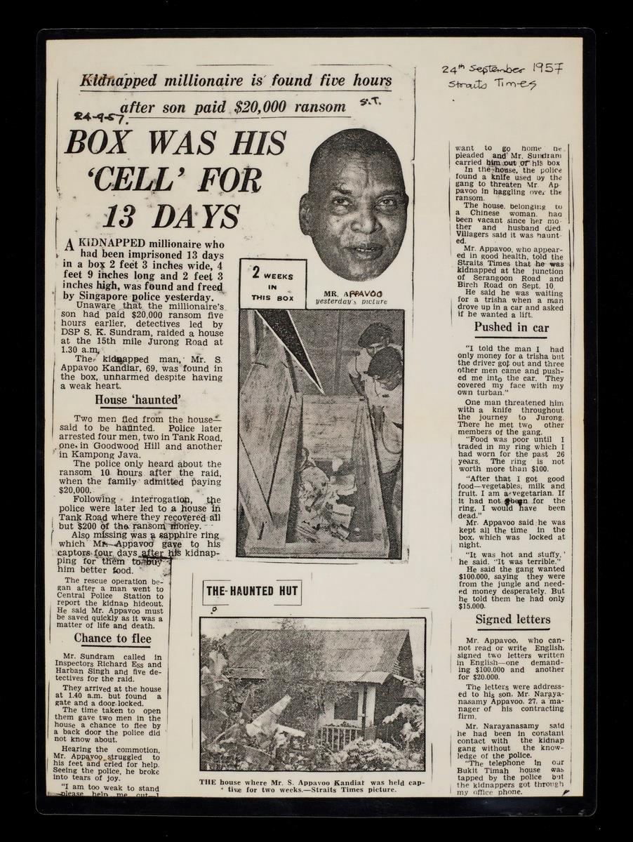 A set of five newspaper clippings reporting the kidnapping of Mr.Appavoo Kandiar