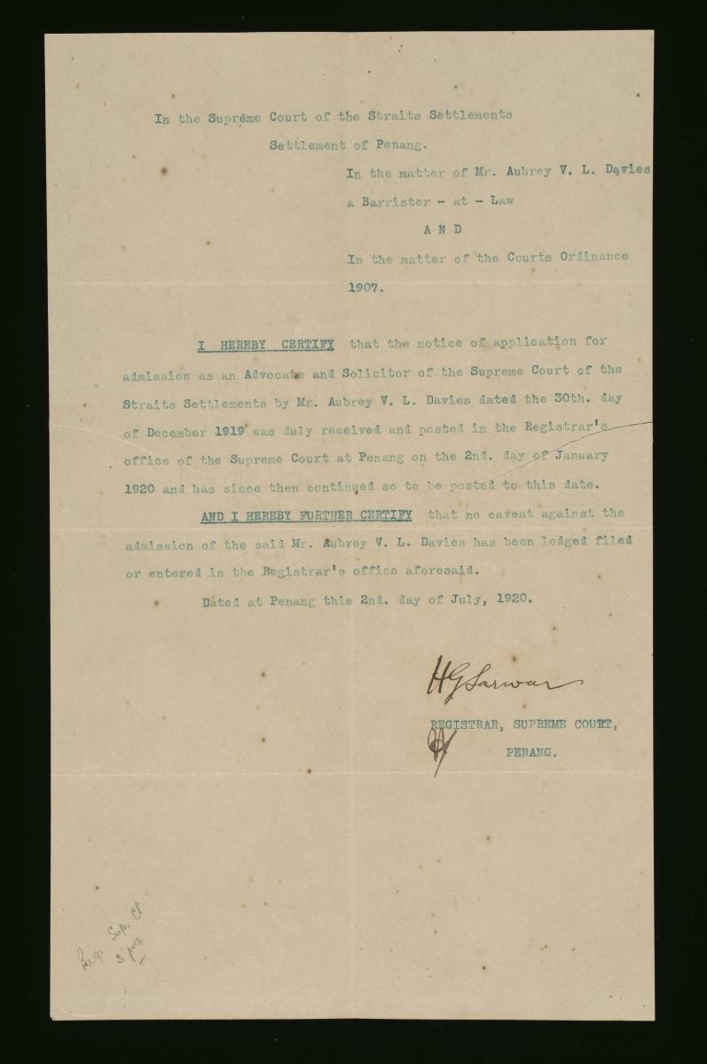 Registrar's certificate of the Supreme Court, Penang for Aubrey Vincent Leigh Davies