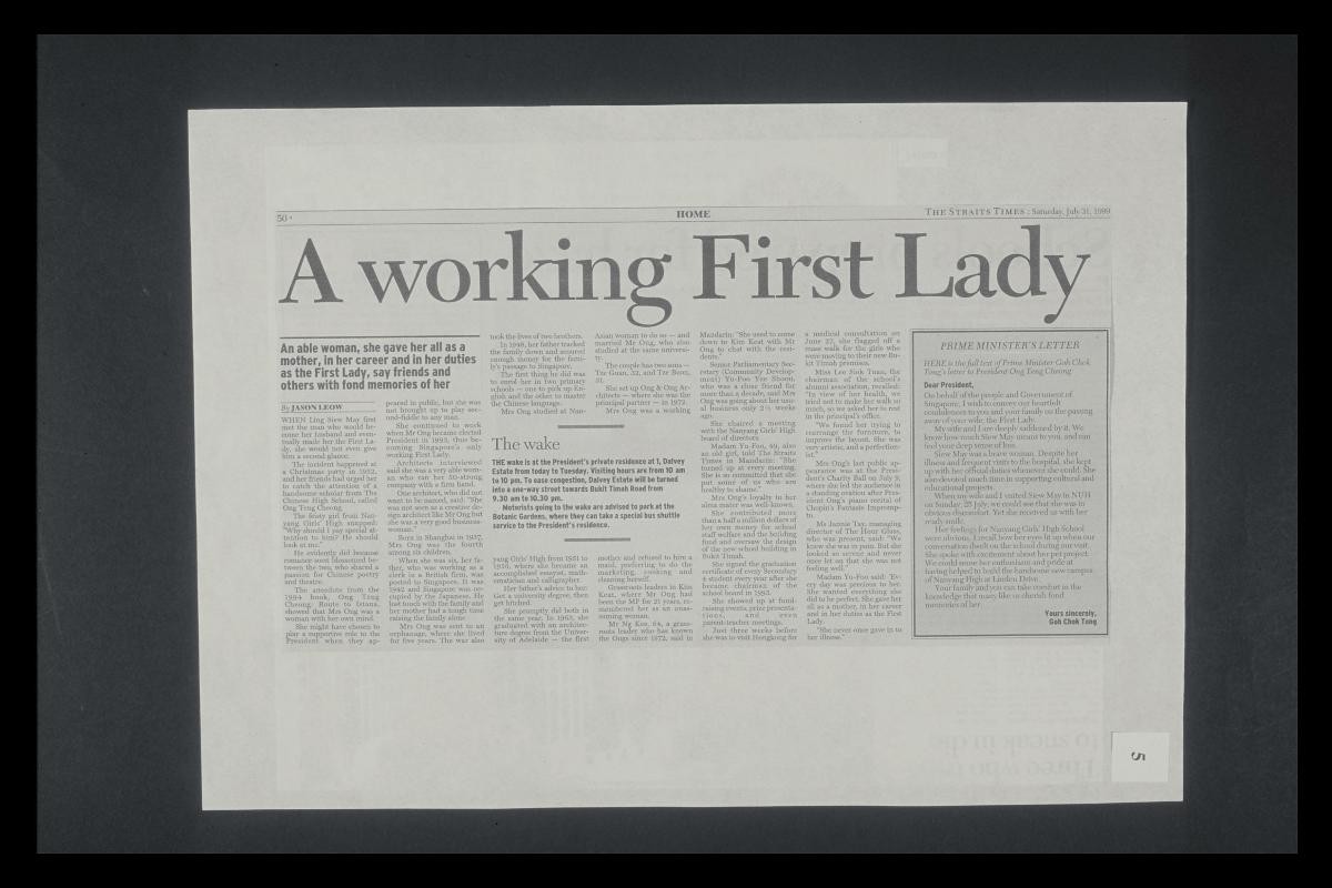 Press cutting about Mr. Ong Teng Cheong’s wife, Ong Siew May