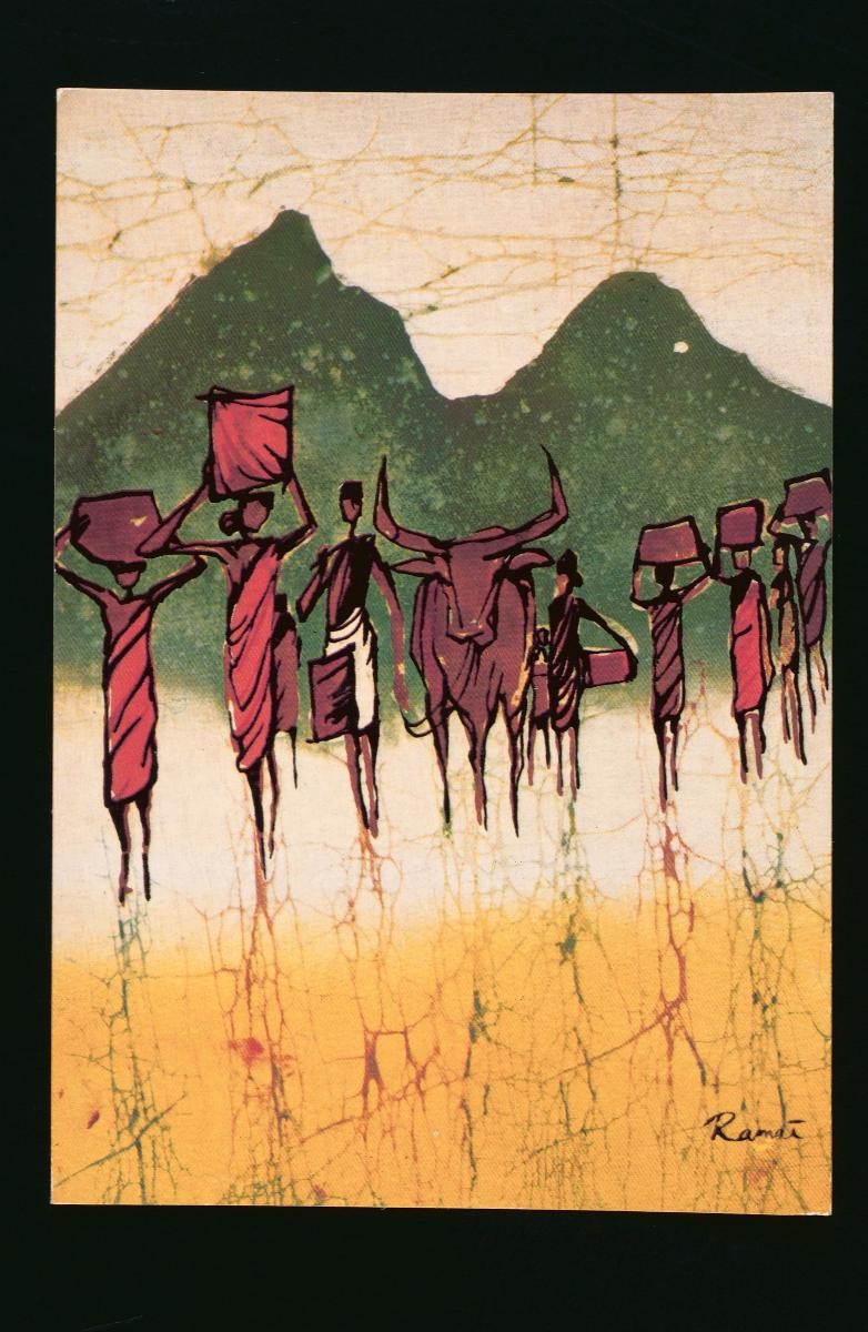 Batik painting depicting villagers and a water buffalo