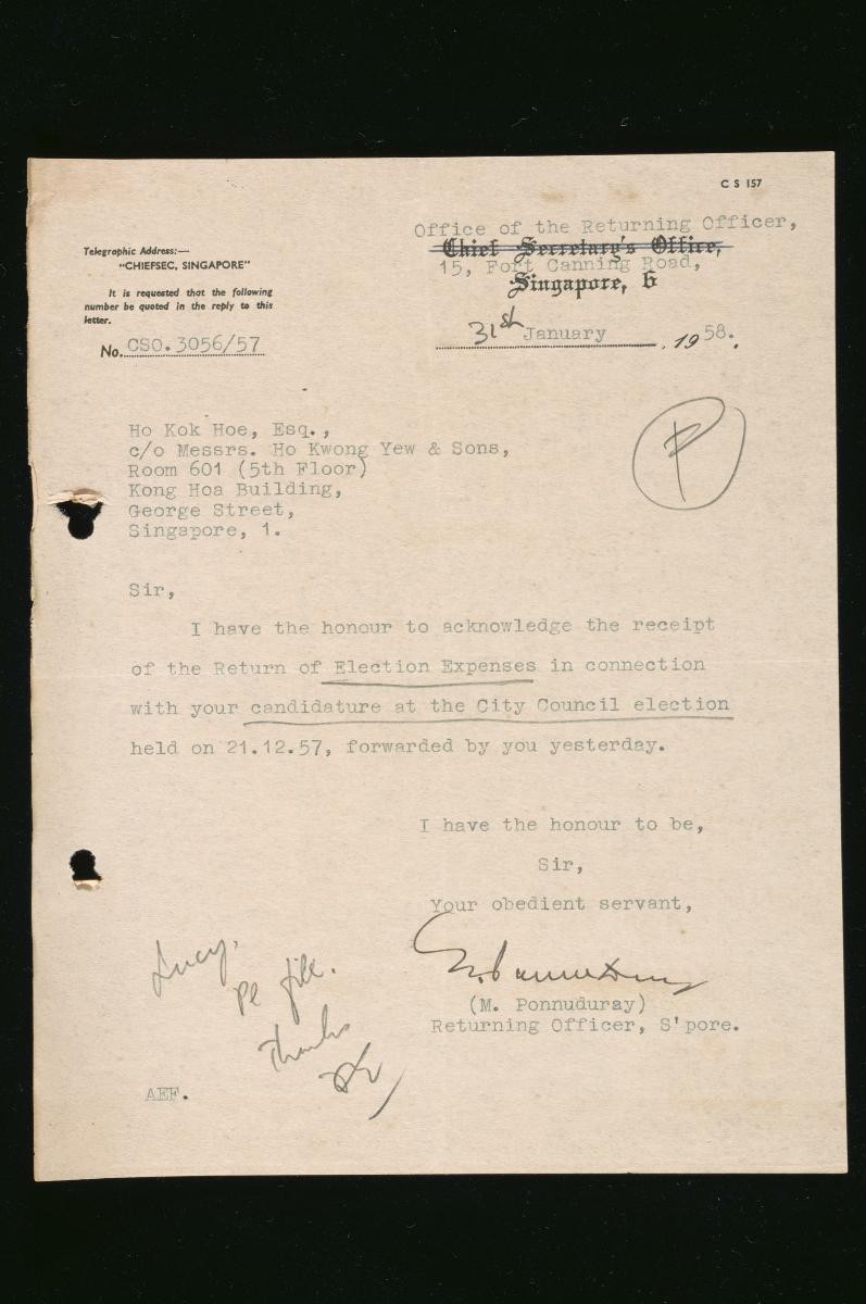 A letter from the Office of the Returning Officer to Ho Kok Hoe