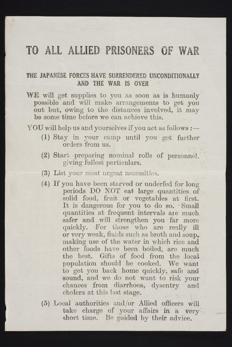 Leaflet about the surrender of the Japanese