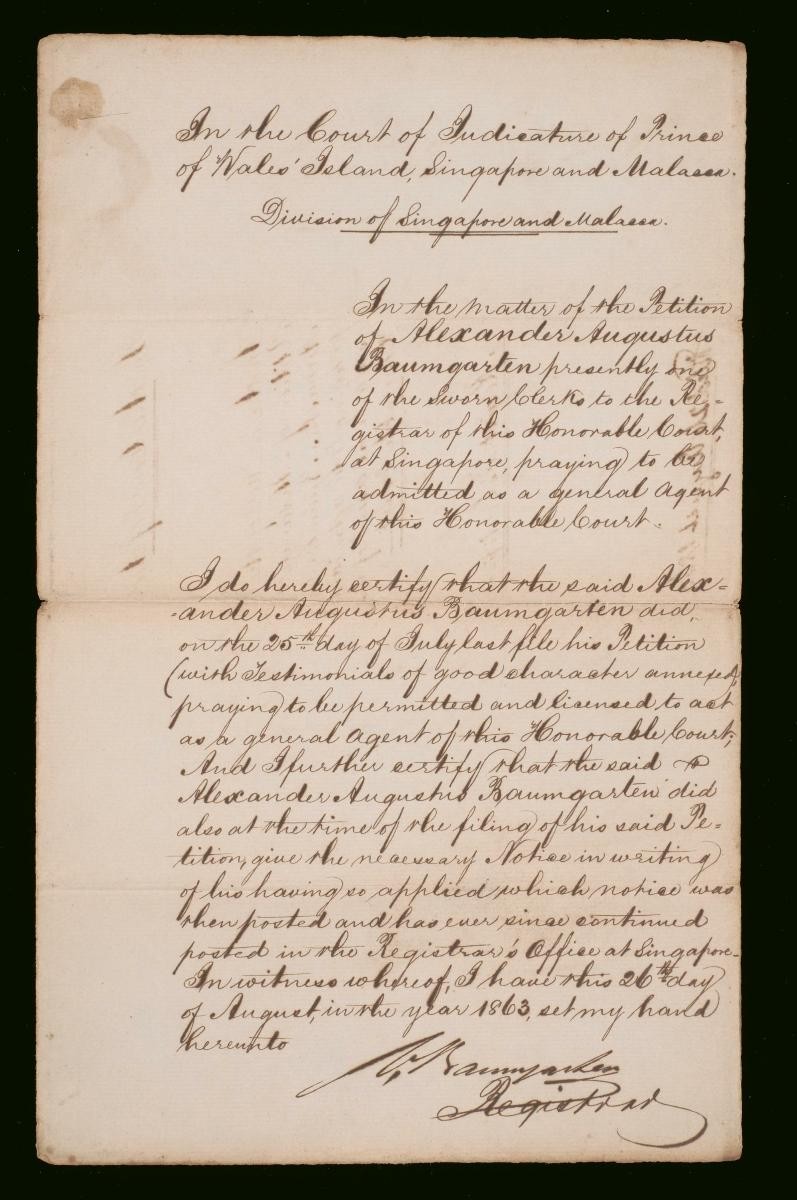 Registrar's certificate of the Court of Judicature, Singapore for Alexander Augustus Baumgarten