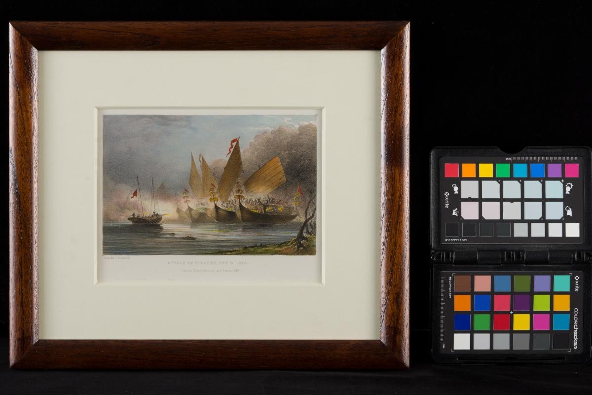 Lithographic print depicting pirate attack off Gilolo