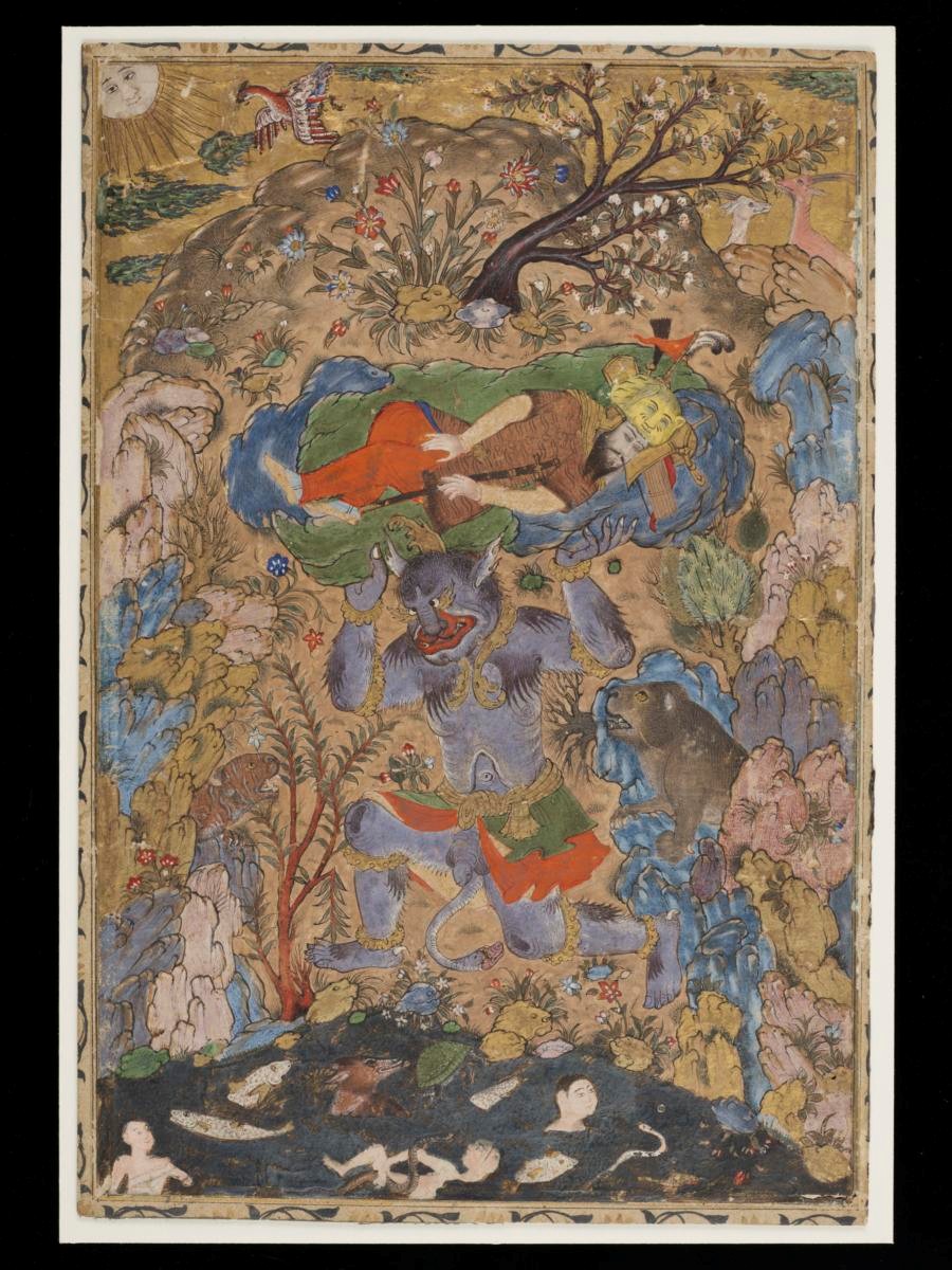 A page from Shahnama of Firdausi - The div Akvan and Rustam