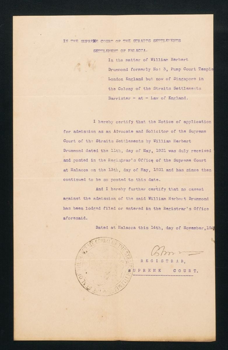 Registrar's certificate of the Supreme Court, Malacca for William Herbert Drummond