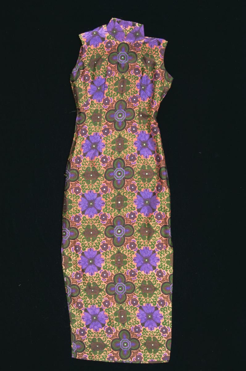 Purple floral printed sleeveless silk cheongsam