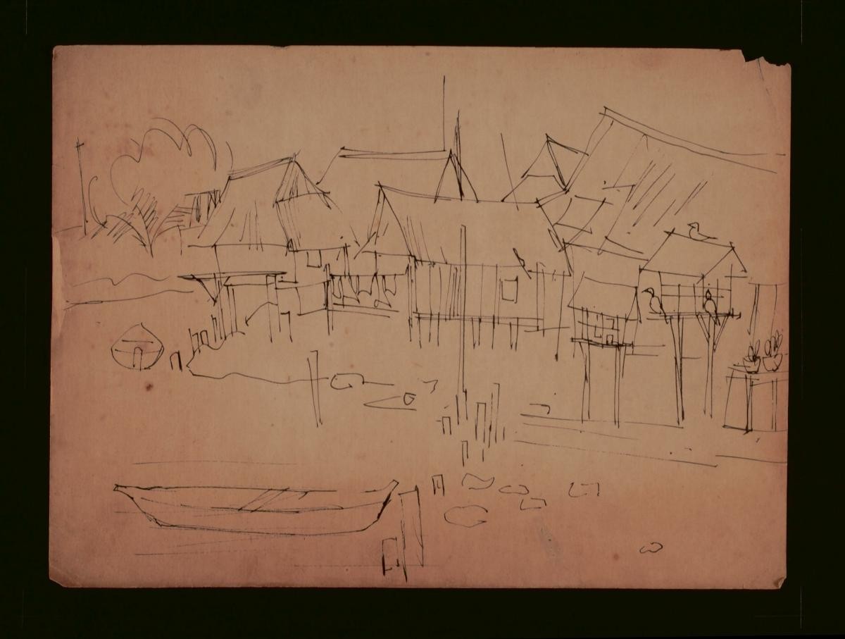 Untitled (Two Boats at Kampung, Three Birds perched)