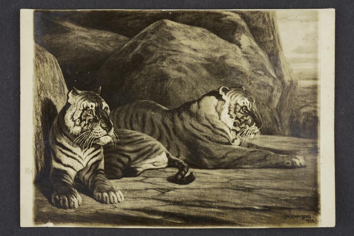 Photograph of a painting of two tigers