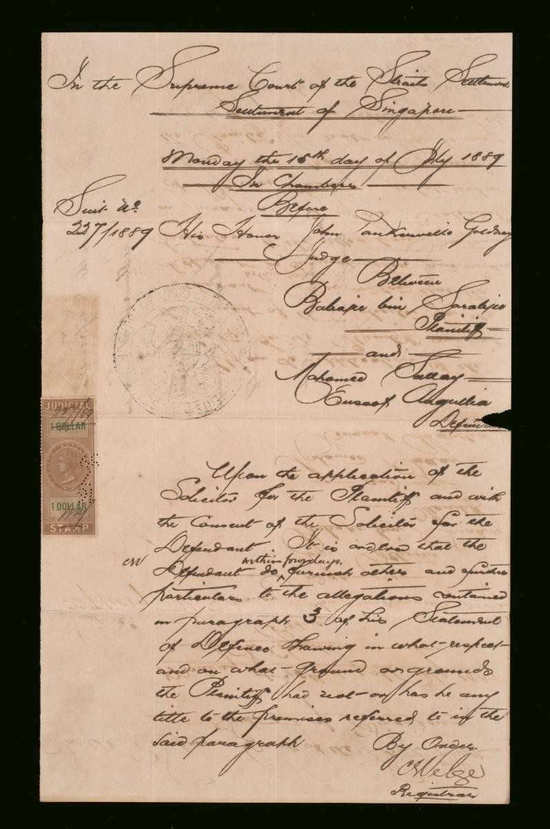 Document concerning the suit between Babaji bin Sorabjee and Mohamed Salley Eusoop Angullia