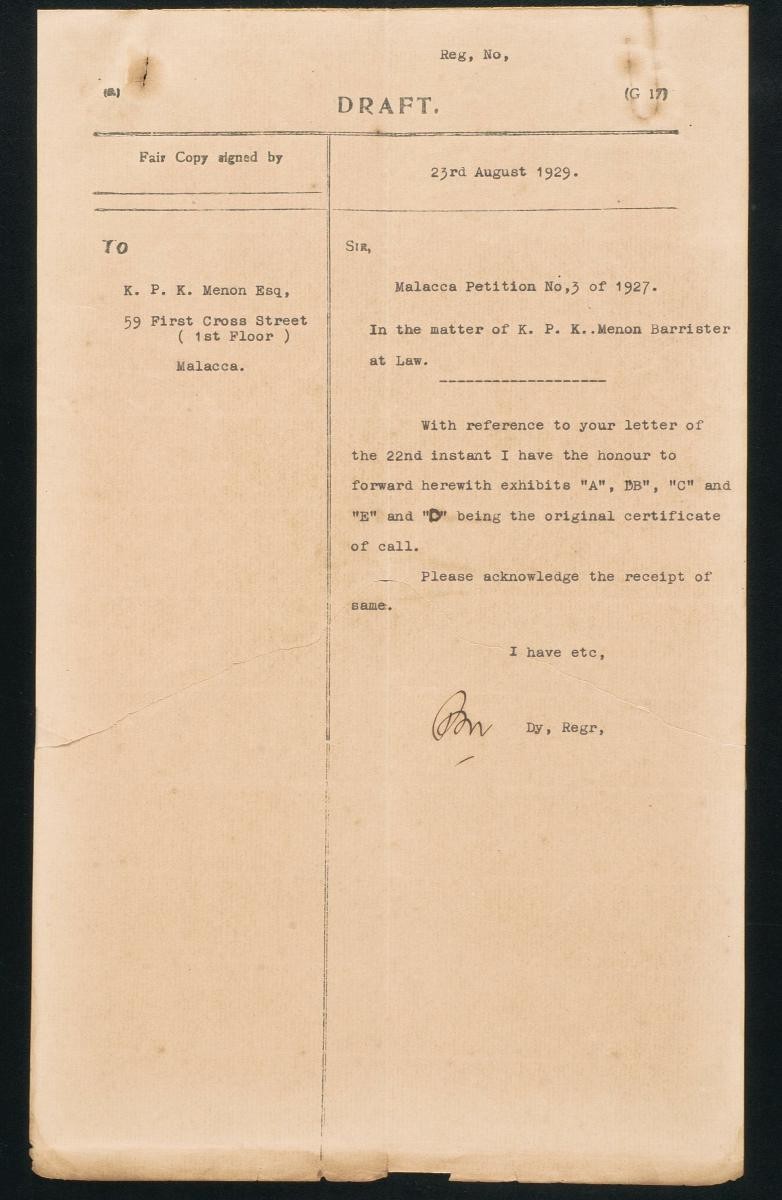 Draft of a letter to K. P. K. Menon
