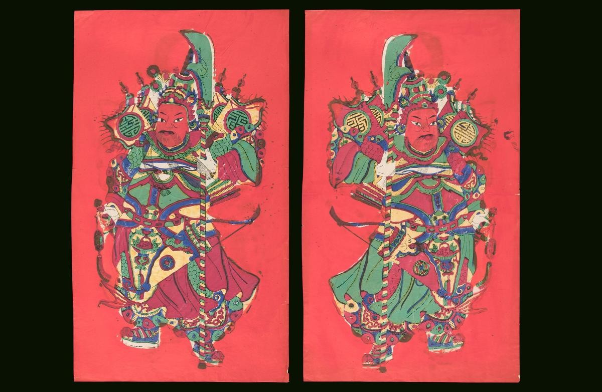 Chinese woodblock prints depicting a pair of Military Door Gods