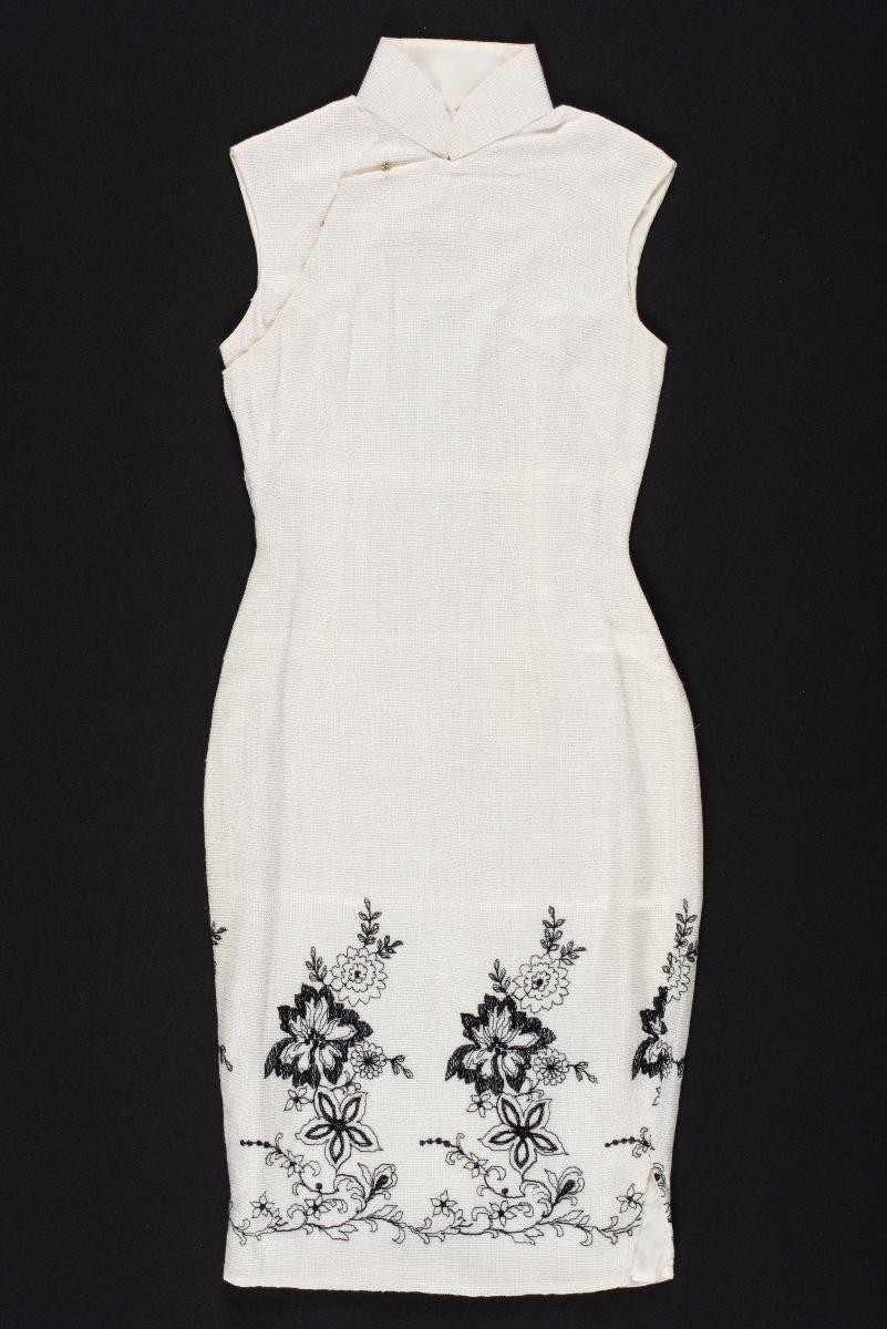 White cheongsam with black floral motifs