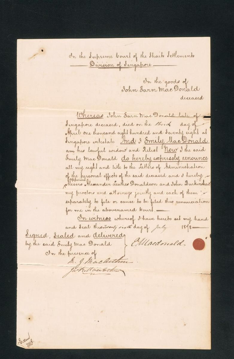 Renunciation of the letters of administration by Emily MacDonald
