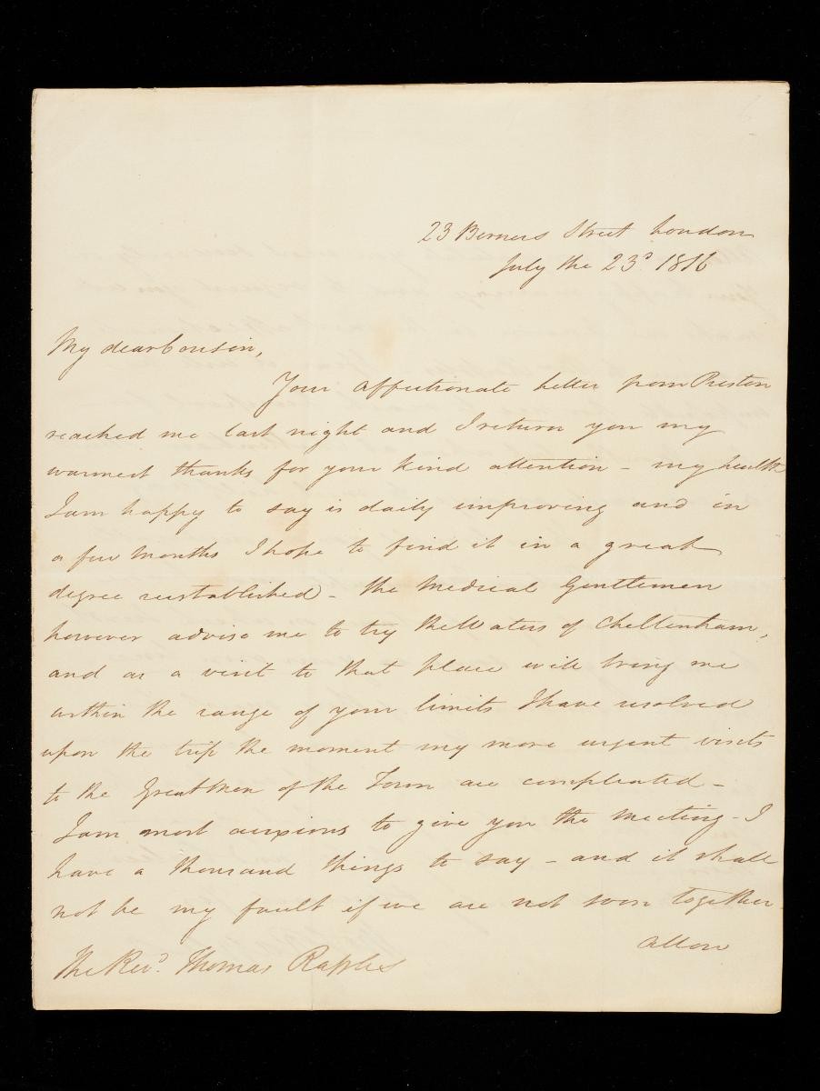 Letter from Thomas Stamford Raffles to the Revd Thomas Raffles