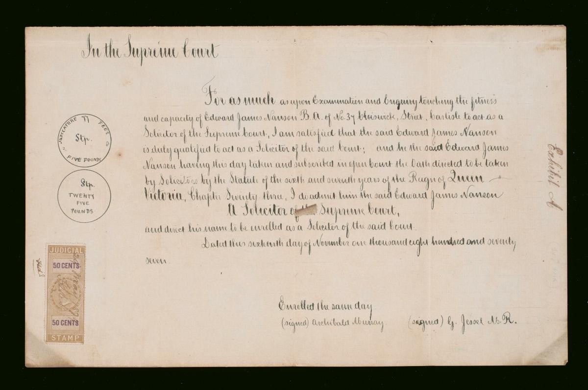 Admission certificate of Edward James Nanson