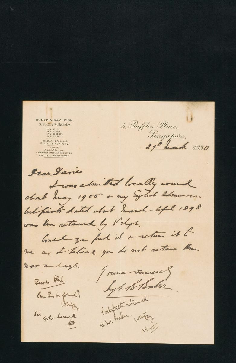 Request from Hugh Bernard Baker to the Supreme Court of the Straits Settlements