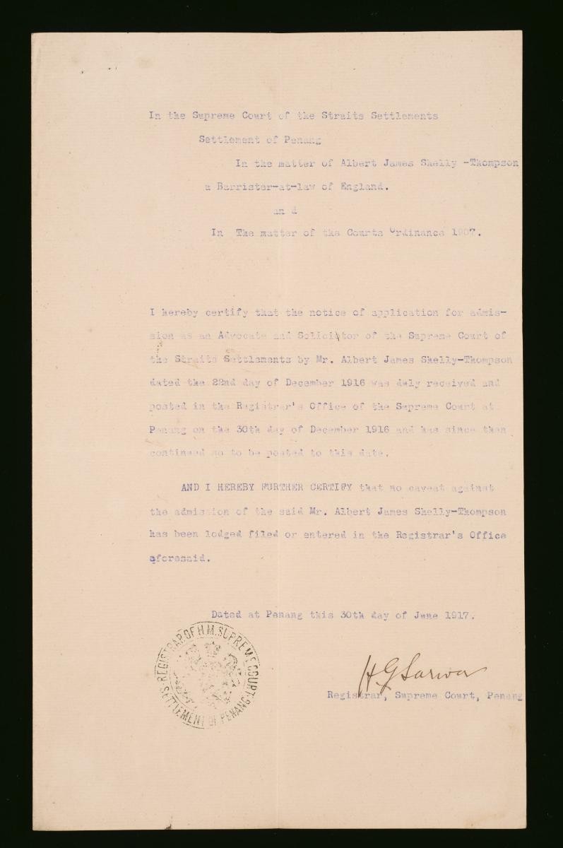 Registrar's certificate of the Supreme Court, Penang for Albert James Shelley-Thompson